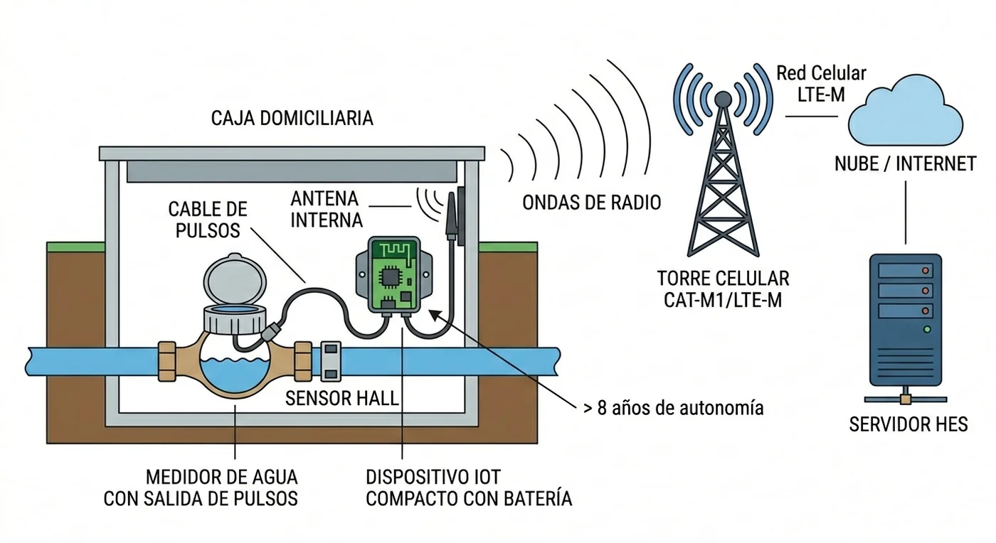 Diagrama del contexto de instalación: el medidor de agua con salida de pulsos y el dispositivo IoT dentro de la caja domiciliaria, comunicándose por red celular con el servidor HES