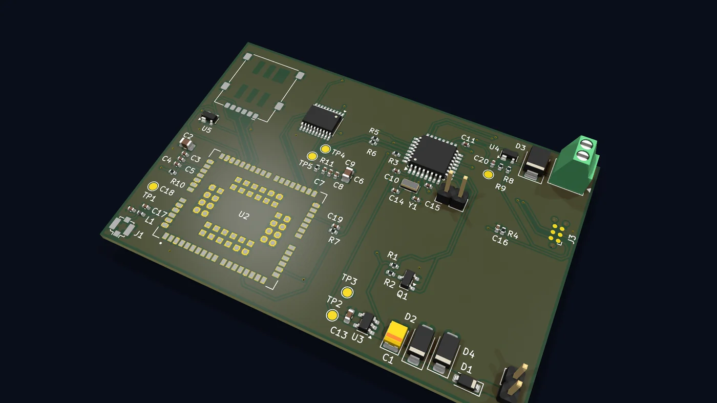 Render 3D de la placa del medidor, con el módulo celular, el microcontrolador y la bornera de conexión